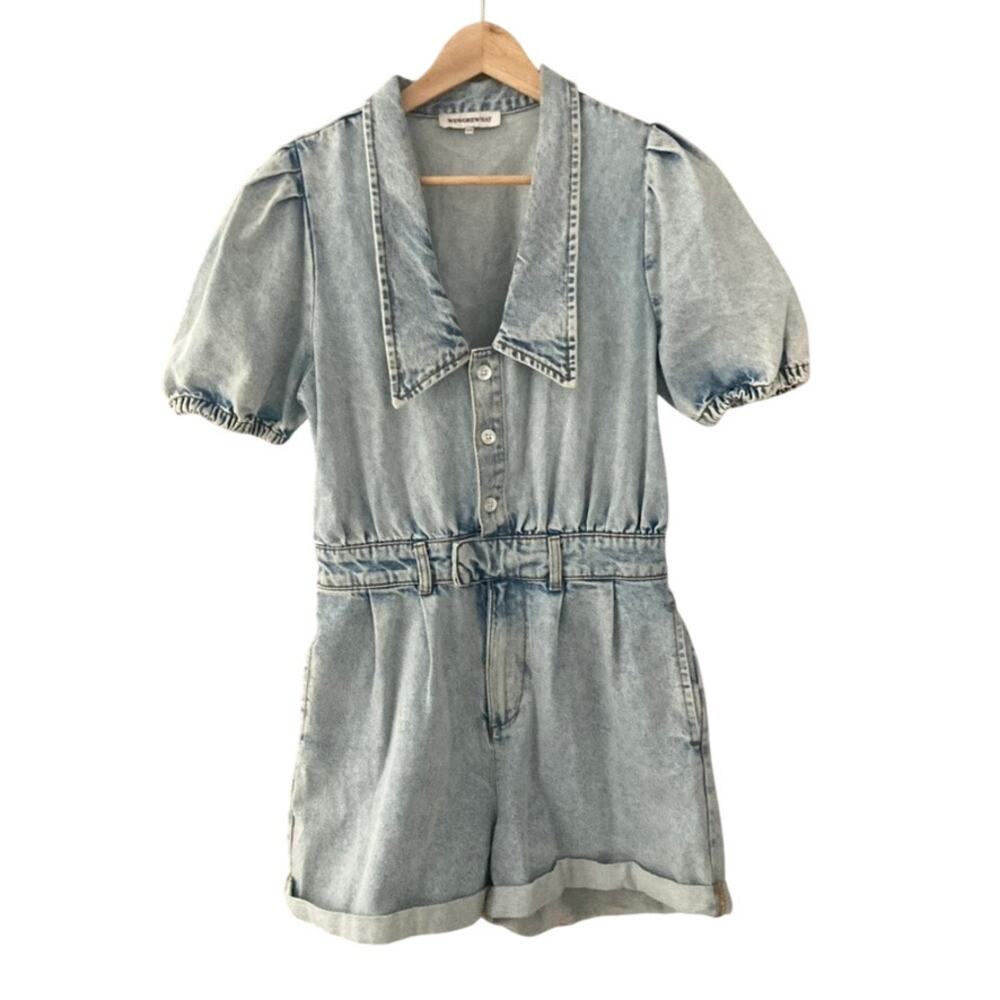 Weworewhat Puff Sleeve Collared Denim Romper Medium
